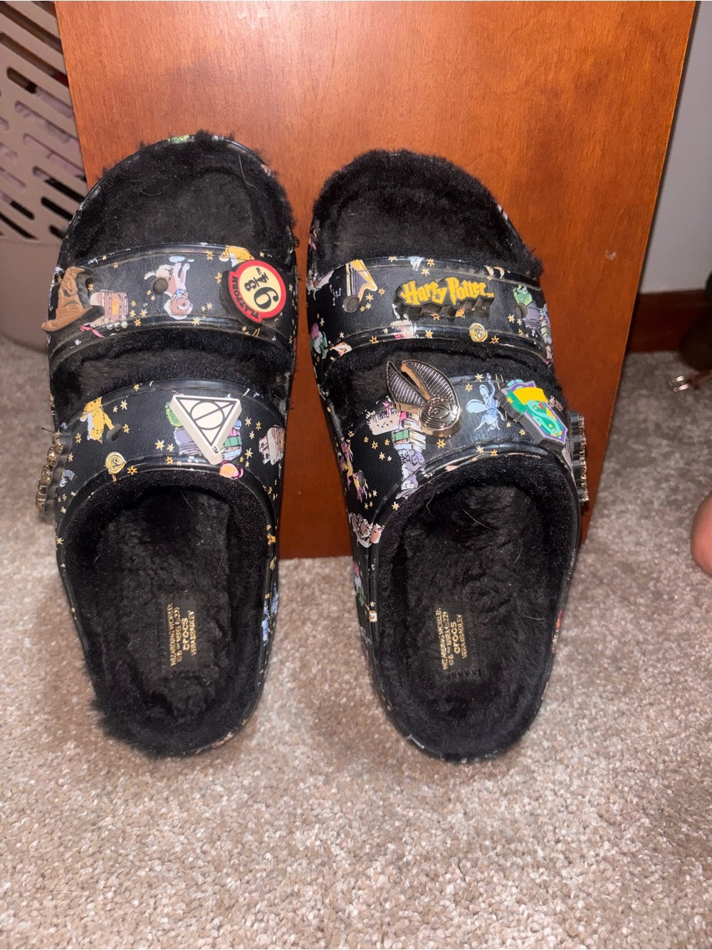 CROCS Black Fuzzy Slide Sandals with Harry Potter Pins